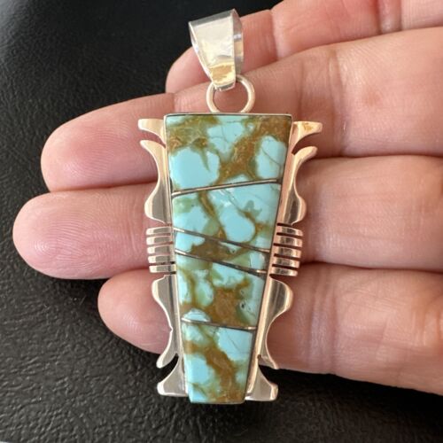 Navajo Blue #8 Turquoise Inlay Pendant | Sterling Silver | 2" | Authentic Native American Handmade | 15681