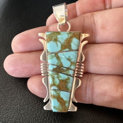 Navajo Blue #8 Turquoise Inlay Pendant | Sterling Silver | 2" | Authentic Native American Handmade | 15681