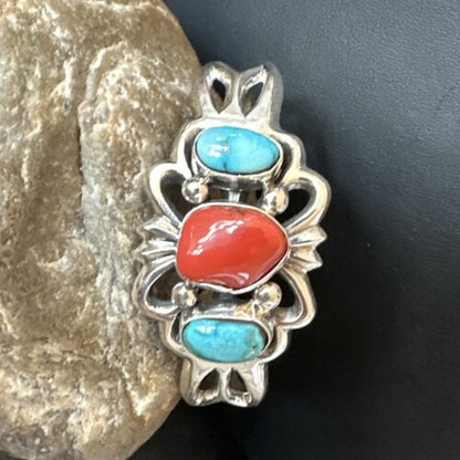 Kingman Turquoise Coral Cuff Bracelet | Navajo Tufa Cast | Sterling Silver | Authentic Native American Handmade | 16406