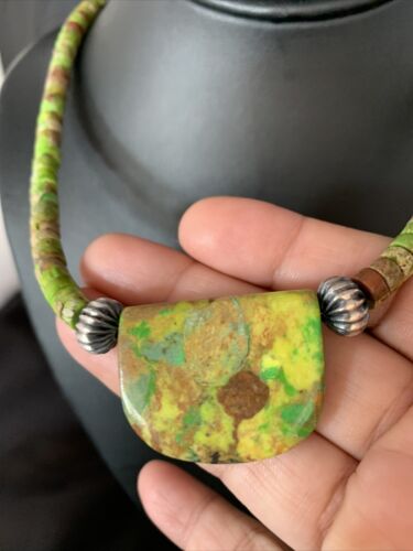 Navajo Green Gaspeite Turquoise Pendant | Sterling Silver | Authentic Native American Handmade | 13772