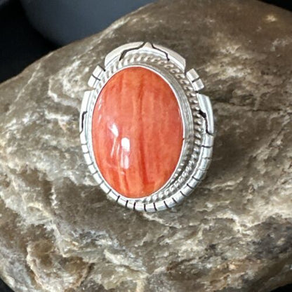 Women's Orange Spiny Oyster Navajo Ring | Sterling Silver | Sz 8 | Authentic Native American Handmade | 16034