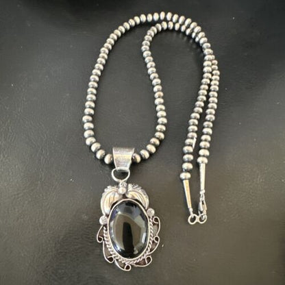 Native American Men's Pendant | Navajo Pearls | Sterling Silver Black Onyx Necklace | 16128
