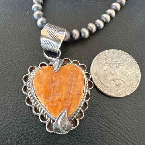 Navajo Orange Spiny Oyster Heart Pendant Necklace | Sterling Silver | Authentic Native American Handmade | 16294 - Masha USA