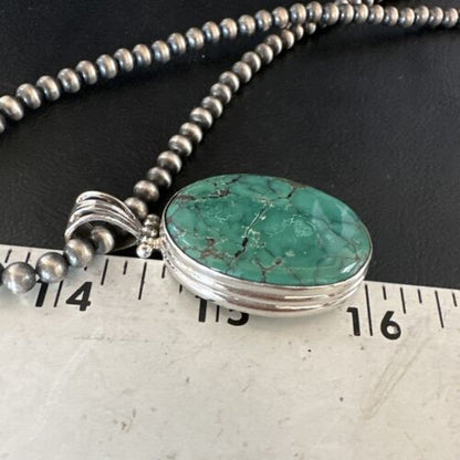 Navajo Blue Spiderweb Turquoise Pendant | Sterling Silver Pearls Necklace | Authentic Native American Handmade | 15570