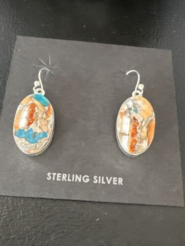 Navajo Blue Turquoise & Orange Spiny Oyster Inlay Dangle Earrings | Sterling Silver | 15587