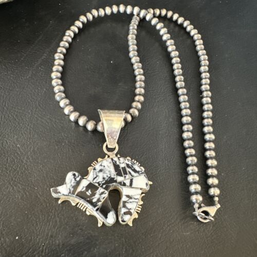 Navajo White Buffalo Turquoise Bear Inlay Pendant Necklace | Sterling Silver | Native American Handmade | 15247