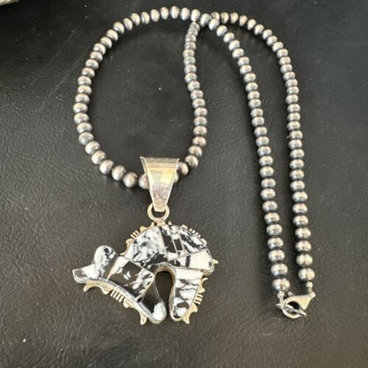 Navajo White Buffalo Turquoise Bear Inlay Pendant Necklace | Sterling Silver | Native American Handmade | 15247