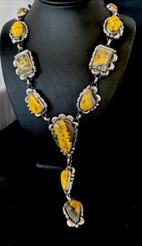 Navajo Yellow Bumblebee Jasper Lariat Necklace | Authentic Native American Sterling Silver | 17202