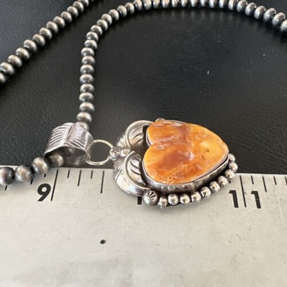 Navajo Orange Spiny Oyster Heart Pendant Necklace | Sterling Silver | Authentic Native American Handmade | 16551