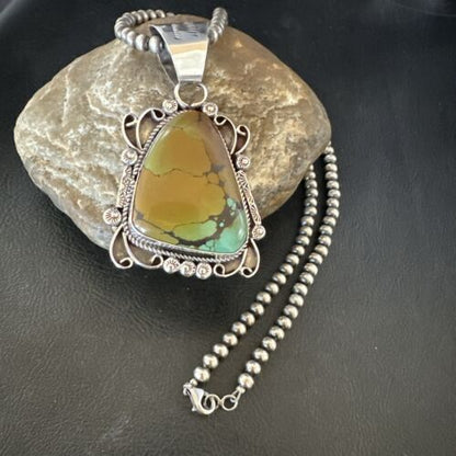 Navajo Men's Green Turquoise Necklace Pendant | Sterling Silver | Authentic Native American Handmade | 17529 - Masha USA