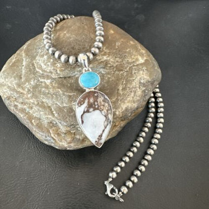Navajo Wild Horse | Blue Kingman Turquoise Necklace | Sterling Silver | SW Pendant | 17317