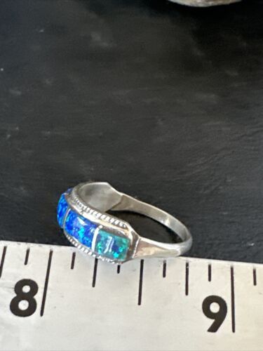 Navajo Blue Opal Inlay Ring | Sterling Silver | Sz 7.5 | Authentic Native American Handmade | 16433