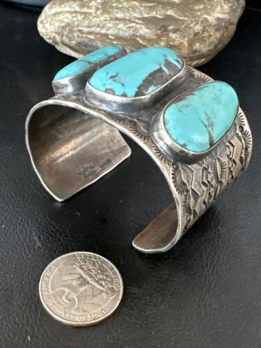 XL Men's Kingman Blue Turquoise 3 Stone Cuff Bracelet | Navajo Sterling Silver | 15857