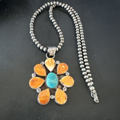 Navajo Blue Turquoise | Spiny Oyster Pendant Necklace | Sterling Silver | Multi-Stone | 16863