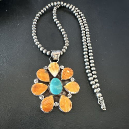Navajo Blue Turquoise | Spiny Oyster Pendant Necklace | Sterling Silver | Multi-Stone | 16863