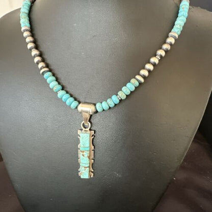 Turquoise #8 Inlay Pendant Necklace | Navajo Sterling Silver | Authentic Native American Handmade | 17072