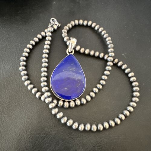 Navajo Blue Lapis Pendant with Pearls | Sterling Silver Necklace | 20" | Authentic Native American Handmade | 16669