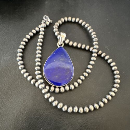 Navajo Blue Lapis Pendant with Pearls | Sterling Silver Necklace | 20" | Authentic Native American Handmade | 16669