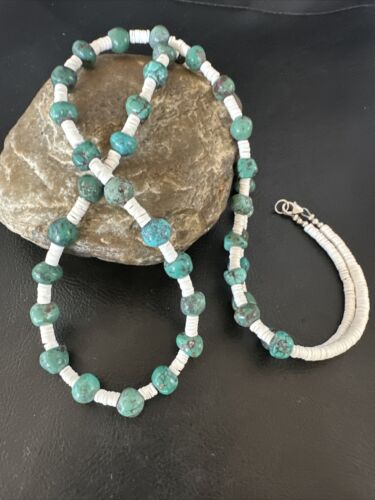 Men's Santo Domingo Blue Turquoise White Shell Necklace | 32" | Round Bead | 16004