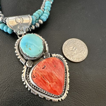 Navajo Pearls Blue Turquoise Spiny Pendant Necklace | Sterling Silver | 3-Strand | 16827