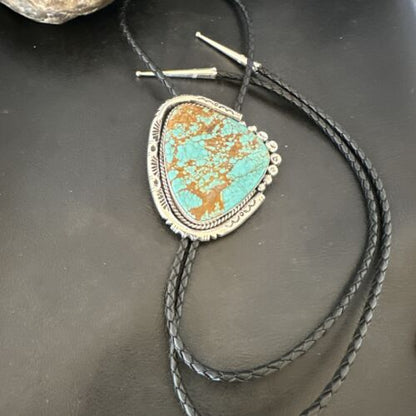 XL Men's Blue Turquoise #8 Bolo Tie | Navajo Sterling Silver | Authentic Native American Handmade | 17005