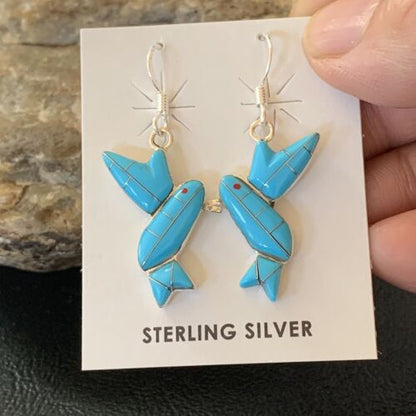 Navajo Blue Turquoise Hummingbird Earrings | Sterling Silver | 1" | Authentic Native American Handmade | 01424