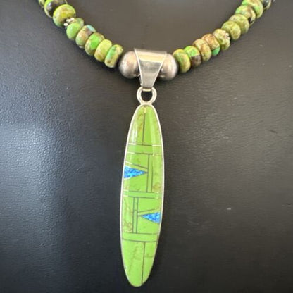 Navajo Green Gaspeite & Turquoise Inlay Pendant Necklace | Sterling Silver | 22" | Authentic Native American Handmade | 16765