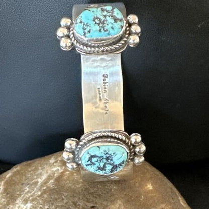 Kingman Turquoise Stamped Cuff Bracelet | Navajo Sterling Silver | Authentic Native American Handmade | 17461