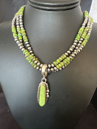 Navajo Pearl Green Gaspeite Turquoise Pendant Necklace Set | Sterling Silver | 3-Strand | 16094