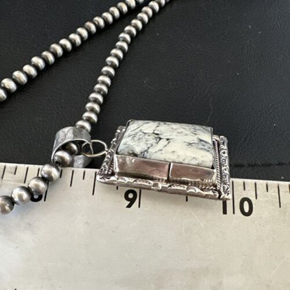 White Buffalo Turquoise Pendant | Navajo Pearls Sterling Silver Necklace | Authentic Native American Handmade | 17103