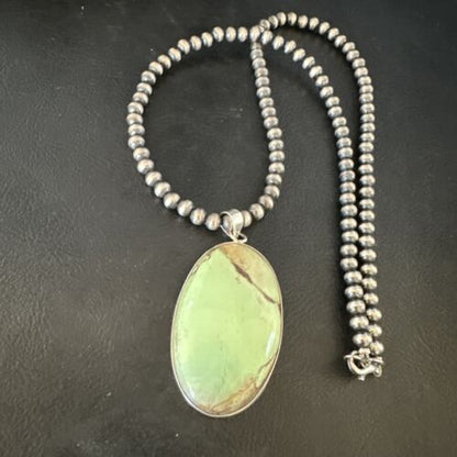 Navajo Green Gaspeite Pendant Necklace | Sterling Silver | Authentic Native American Handmade | 15484