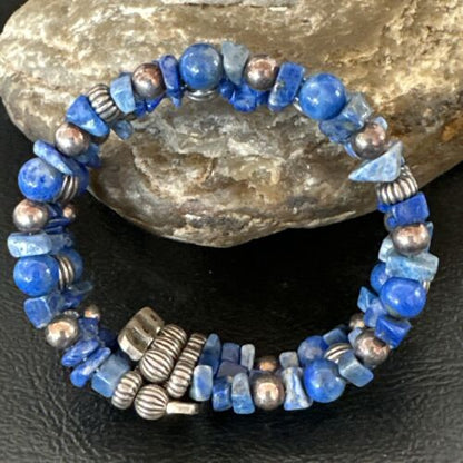 Navajo Lapis Silver Stainless Steel Memory Wire Bracelet | 6mm Beads | 6" | 17616