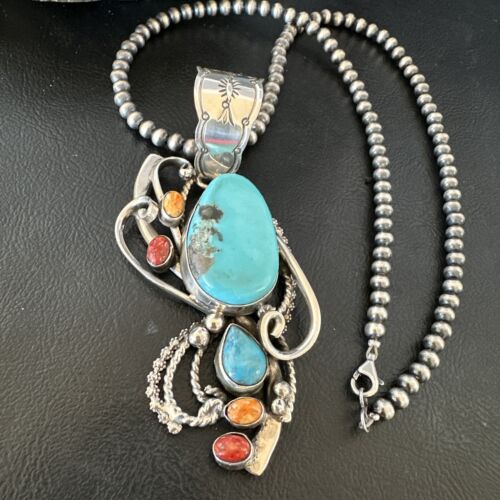 Navajo Kingman Turquoise | Spiny Oyster Necklace Pendant | Sterling Silver | Multi-Stone | 15950