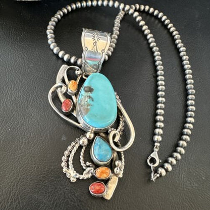 Navajo Kingman Turquoise | Spiny Oyster Necklace Pendant | Sterling Silver | Multi-Stone | 15950