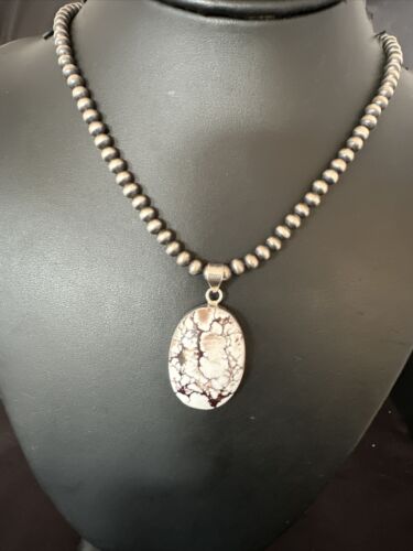 Navajo Wild Horse Turquoise Pendant Necklace | Sterling Silver Pearls | Authentic Native American Handmade | 15716