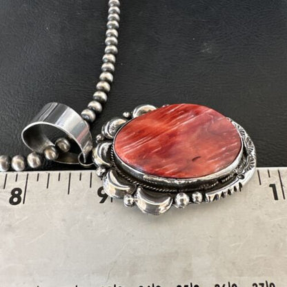 Navajo Red Spiny Oyster Pendant Necklace | Sterling Silver | Authentic Native American Handmade | 17560