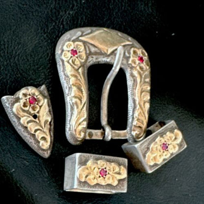 14k Gold Rubies Ranger Belt Buckle | Sterling Silver | Navajo Handmade | 16968