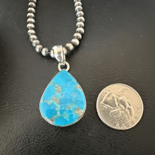 Navajo Blue Kingman Turquoise Pendant Necklace | Sterling Silver | 20" | Authentic Native American Handmade | 17012
