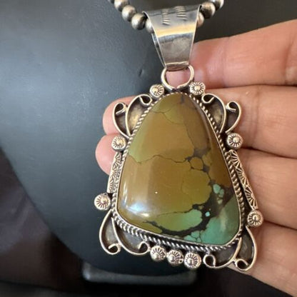 Navajo Men's Green Turquoise Necklace Pendant | Sterling Silver | Authentic Native American Handmade | 17529 - Masha USA