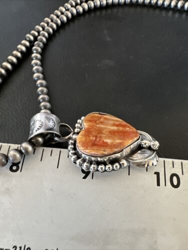 Navajo Orange Spiny Oyster Heart Pendant Necklace | Sterling Silver | Authentic Native American Handmade | 16421