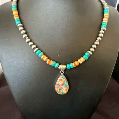 Navajo Spiny Turquoise Pendant Necklace | Sterling Silver | 22" | Authentic Native American Handmade | 17414