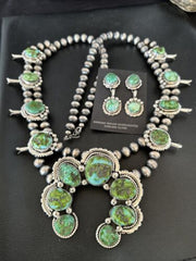 Navajo Ultra Rare Green Sonoran Gold Turquoise Squash Blossom Necklace Set | Sterling Silver | 17208