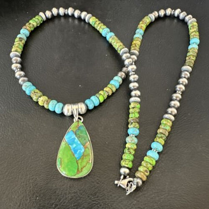 Navajo Blue Green Mojave Turquoise Pendant | Sterling Silver Pearl Necklace | Authentic Native American Handmade | 16923