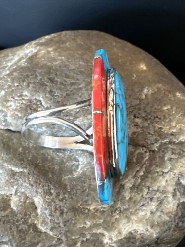Native American Navajo Blue Turquoise Spiny Oyster Inlay Band Ring | Sz 9 | 16431