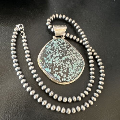 Men's Navajo Blue Spiderweb Turquoise Pendant Necklace | Sterling Silver | Authentic Native American Handmade | 16233