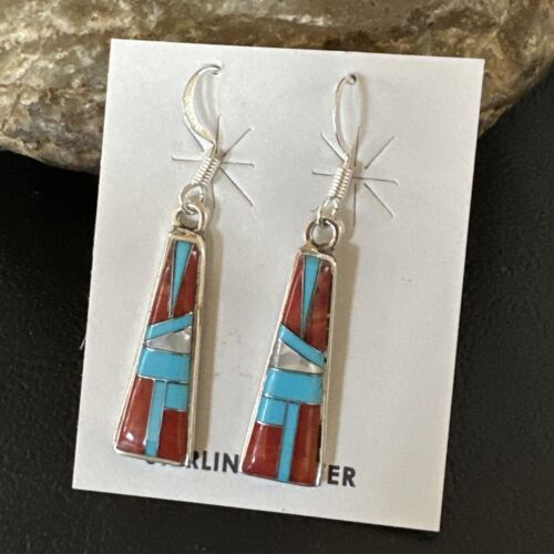 Navajo Blue Turquoise Red Coral Inlay Earrings | Sterling Silver | 1" | Authentic Native American Handmade | 15701