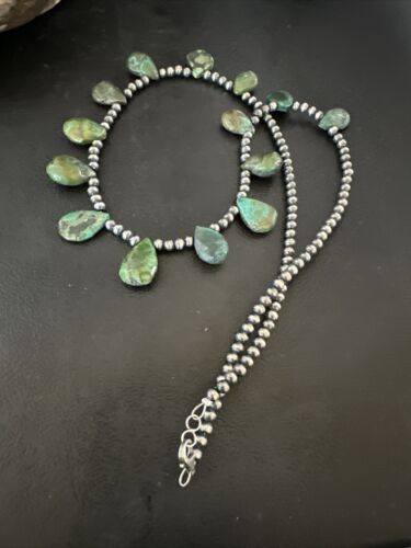 Navajo Pearls Green Teardrop Turquoise Necklace | Sterling Silver | 22" | Authentic Native American Handmade | 16957