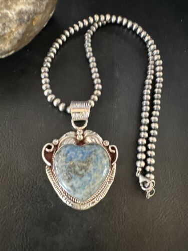 Navajo Blue Heart Denim Lapis Pendant Necklace | Sterling Silver Pearls | Authentic Native American Handmade | 15521