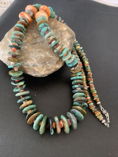 Navajo Sterling Silver Necklace | Green Turquoise & Spiny Oyster | Graduated | Authentic Native American | 32" | 02044