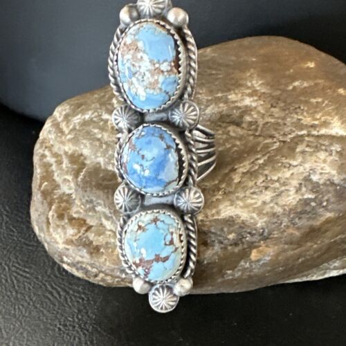 Navajo Green Sonoran Gold Turquoise Multi-Stone Ring | Authentic Native American Sterling Silver | Sz 8 | 16289